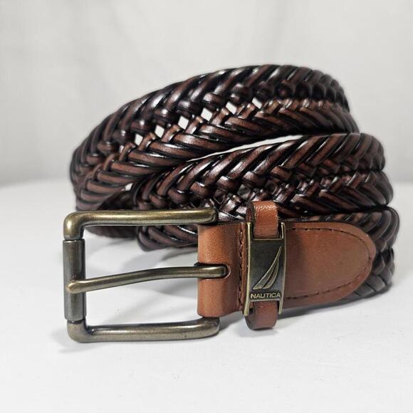 Nautica Leather Brown With Black Braided Belt S 30-32 Preppy